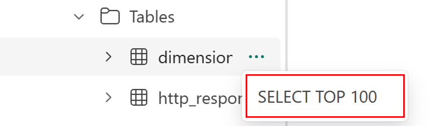 Skærmbillede fra notebook-oplevelsen i SQL-databasen, der viser SELECT TOP 100-muligheden ved siden af en tabel i Object Explorer.
