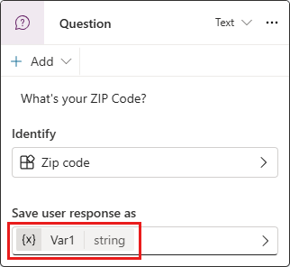 Skærmbillede af en spørgsmålsnode, hvor standardnavnet og -typen for variablen er fremhævet.