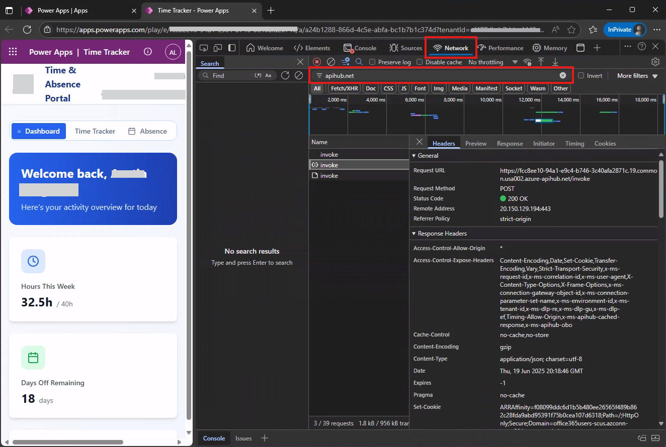 Image shows using the apihub.net string to filter requests for connectors using dev tools with the Edge browser