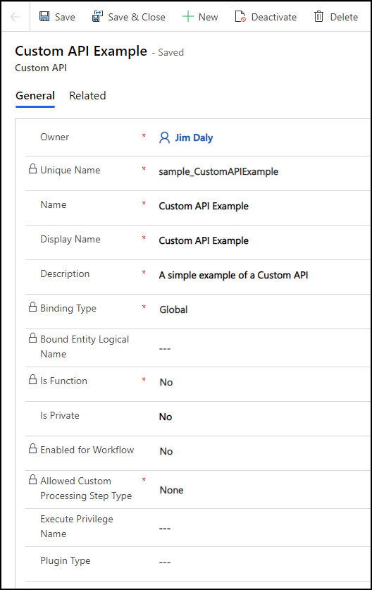 Gemt brugerdefineret API-formular.