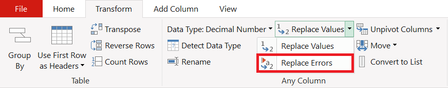 Skærmbillede af knappen Erstat fejl under fanen Transformér.