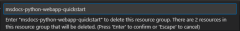 Screenshot: Bestätigungsdialogfeld für das Löschen einer Ressourcengruppe über VS&nbsp;Code.
