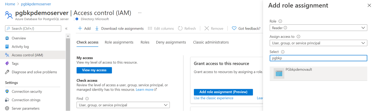 Screenshot, der die Option zeigt, den MSI-Leserzugriff eines Azure Backup-Tresors für einen Azure Database for PostgreSQL-Server festzulegen