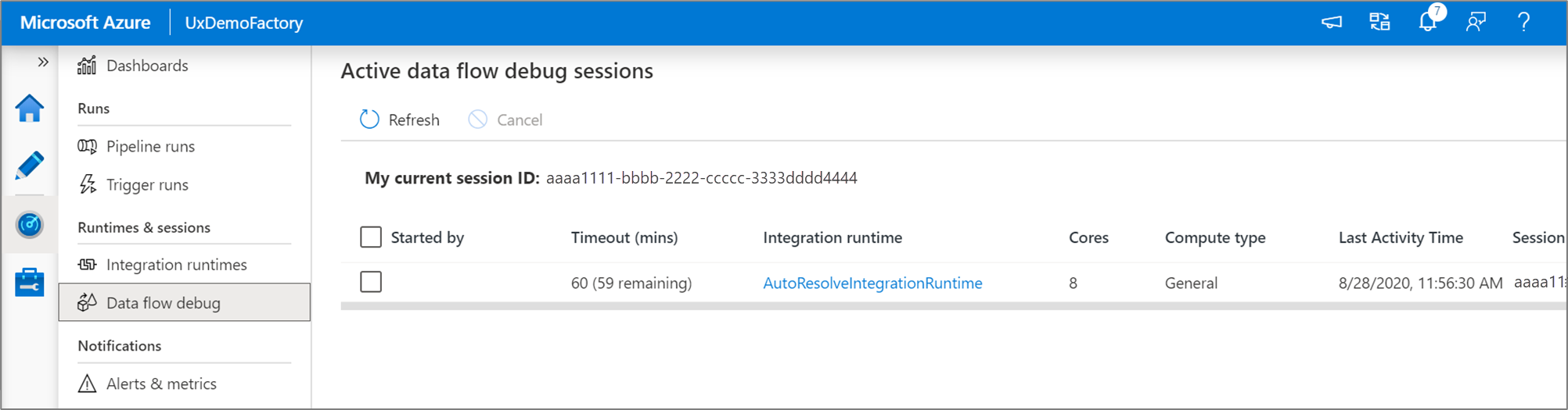 Anzeigen von Datenfluss-Debugsitzungen