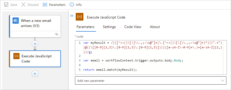 Screenshot zeigt den Standard-Logik-App-Workflow und die Aktion „JavaScript-Code ausführen“ mit einer return-Anweisung.