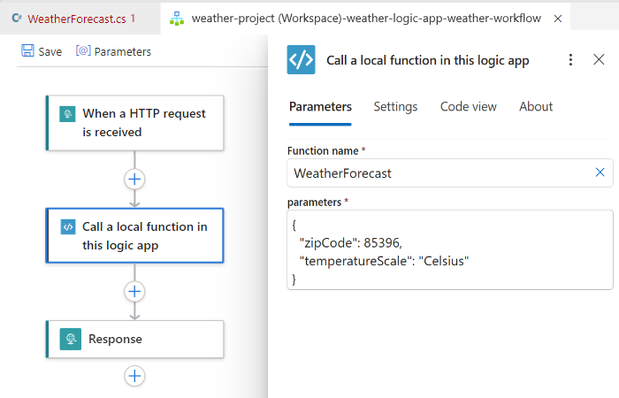 Der Screenshot zeigt den Standardworkflow und dessen Trigger und Aktionen, die im Workflow-Designer geöffnet wurden.