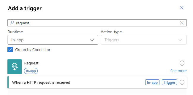 Screenshot des Workflow-Designers, Hinzufügen eines Triggerbereichs und ausgewählter Trigger mit dem Namen 