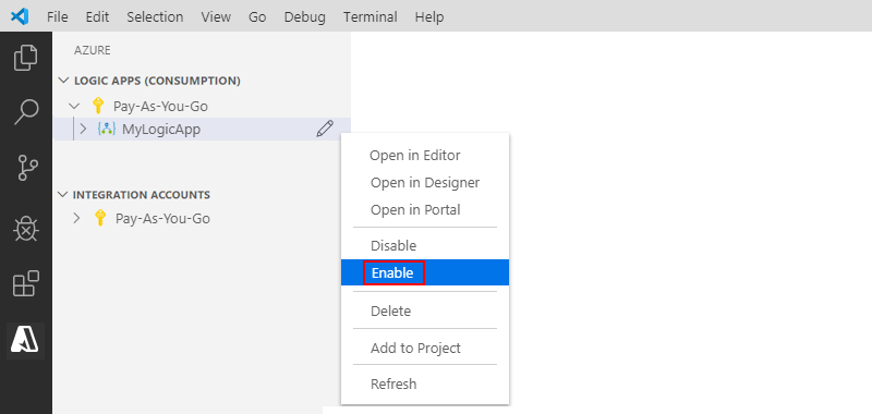 Screenshot, der Visual Studio Code und die Aktivierung einer Logik-App-Ressource zeigt.
