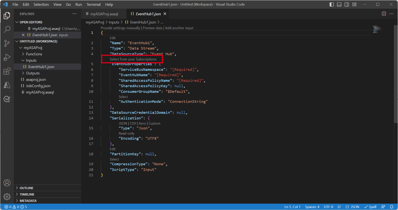 Screenshot der VS Code-Erweiterung, die die JSON-Eingabedateien anzeigt.