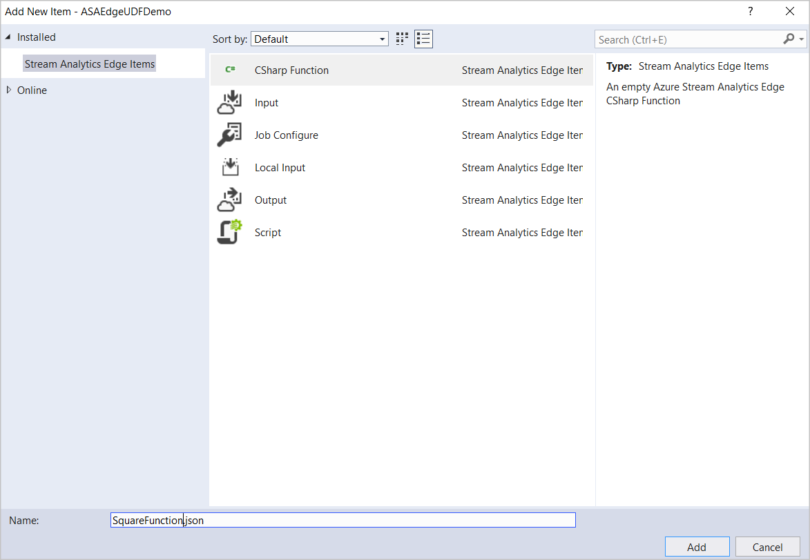 Auswählen der CSharp-Funktion aus Stream Analytics Edge-Elementen in Visual Studio