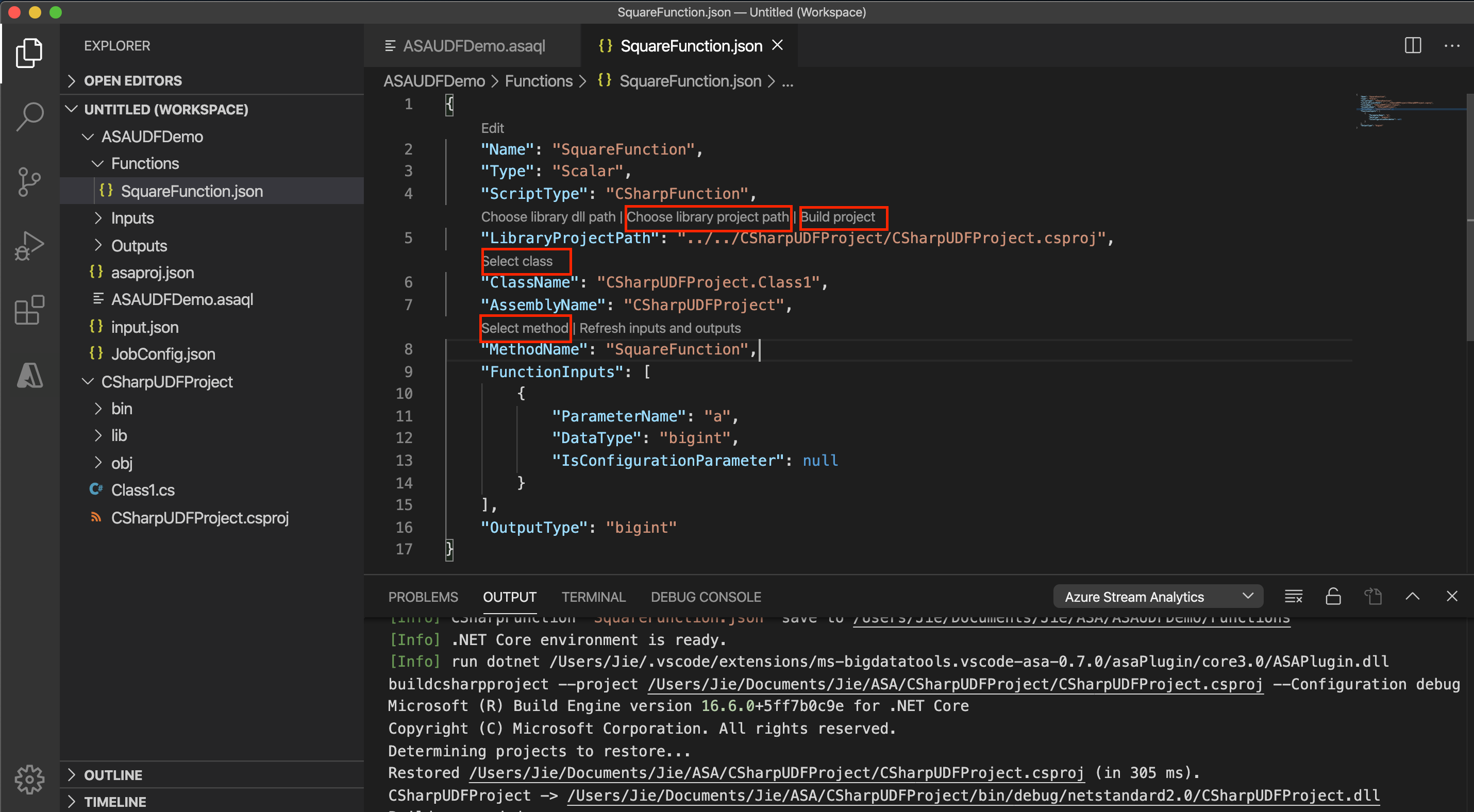 Stream Analytics C#-Funktionskonfiguration in VS Code