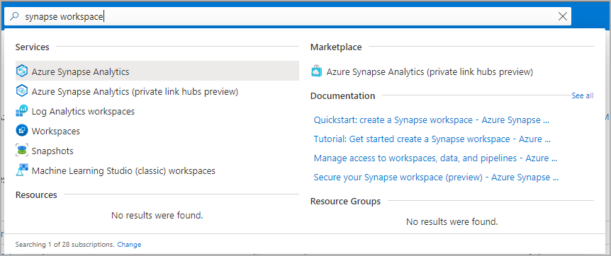 Suchleiste des Azure-Portals mit Synapse-Arbeitsbereichen, die eingetippt sind.