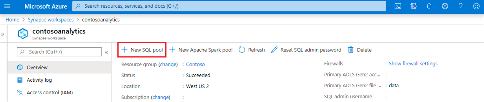 Übersicht über den Synapse-Arbeitsbereich mit einem roten Feld um den Befehl zum Erstellen eines neuen dedizierten SQL-Pools.