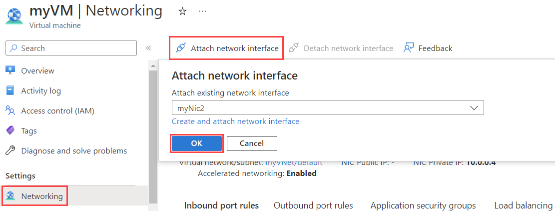 Screenshot: Anfügen einer Netzwerkschnittstelle an eine VM im Azure-Portal