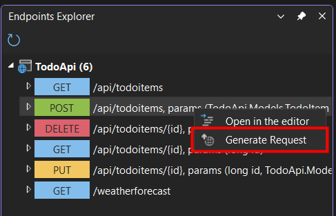 Kontextmenü des Endpunkte-Explorers, in dem das Menüelement 