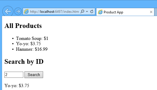Screenshot des Browsers, der alle Produkte und Preise in Aufzählungsform zeigt, und die Zahl 2 im Feld 