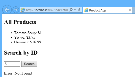 Screenshot des Browsers, Auflisten aller Produkte und deren Preise und Anzeigen der Fehlermeldung 
