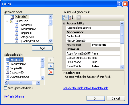 Verwalten der BoundFields der GridView über das Dialogfeld 