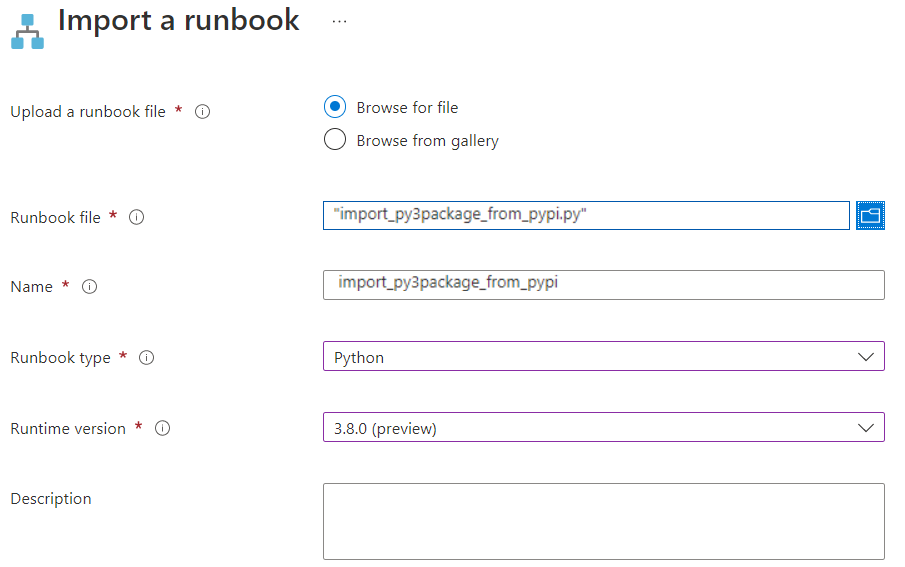 Screenshot: Seite zum Importieren eines Python&nbsp;3-Runbooks