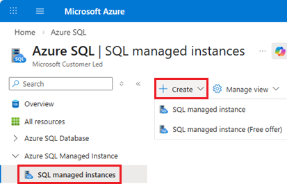 Screenshot der Seite mit verwalteten SQL-Instanzen von der Azure SQL-Hubseite im Azure-Portal mit der Schaltfläche 
