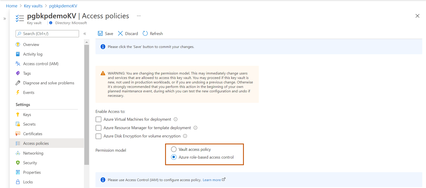 Screenshot, der die Option zum Bereitstellen des Benutzerzugriffs auf Key Vault-Geheimnisse zeigt.