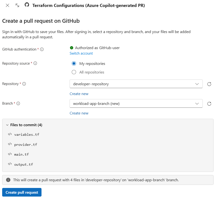 Screenshot von Azure Copilot, der eine Pullanforderung auf GitHub erstellt, um generierte Dateien hinzuzufügen.