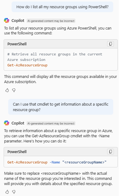 Screenshot von Azure Copilot, der das PowerShell-Cmdlet zum Auflisten von Ressourcengruppen bereitstellt.