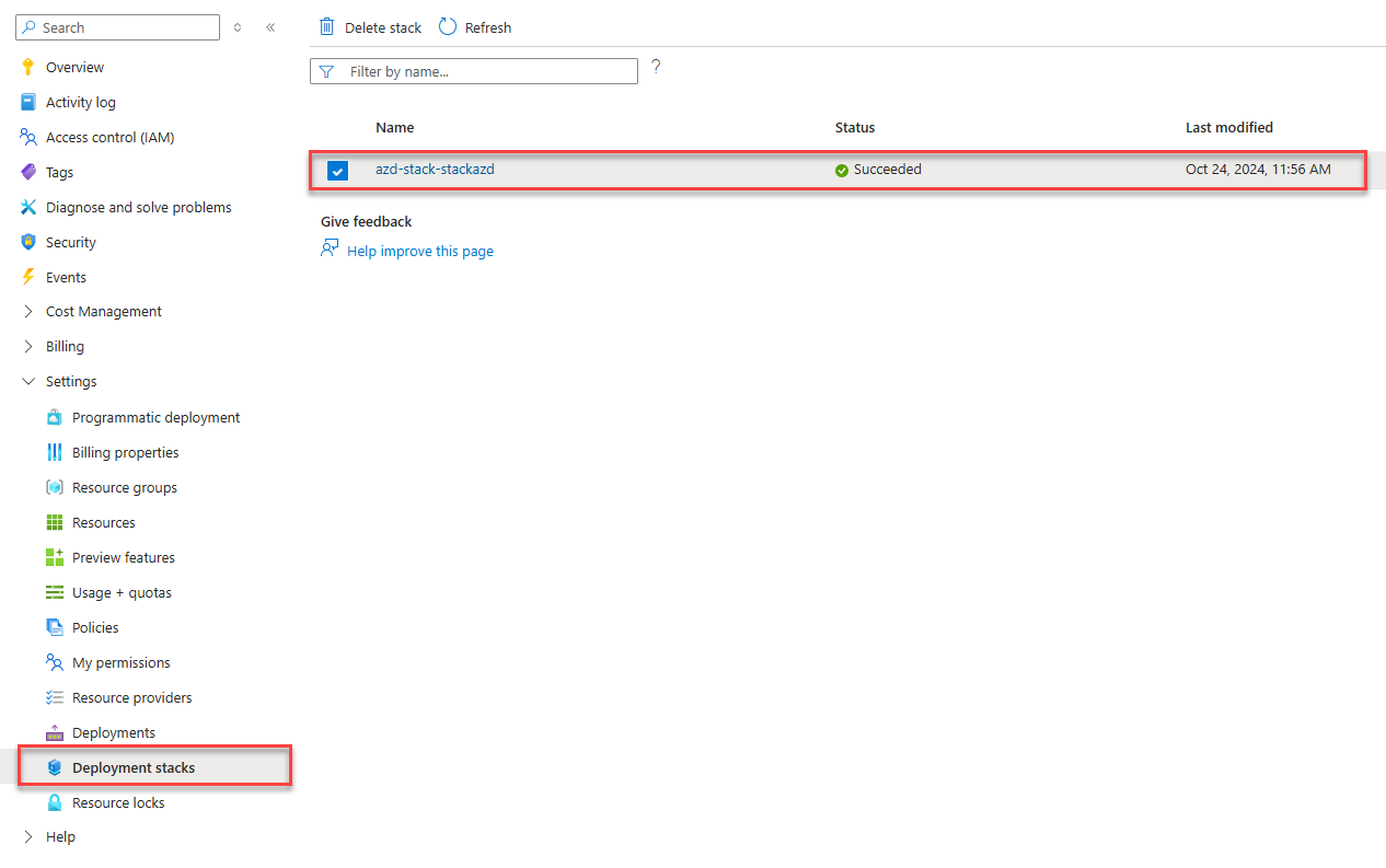 Ein Screenshot, der einen Bereitstellungsstapel auf Abonnementebene im Azure-Portal zeigt.