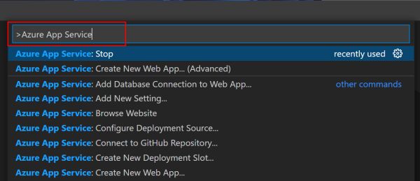 Ein Screenshot der Befehls-Palette von Visual Studio Code für App Service.