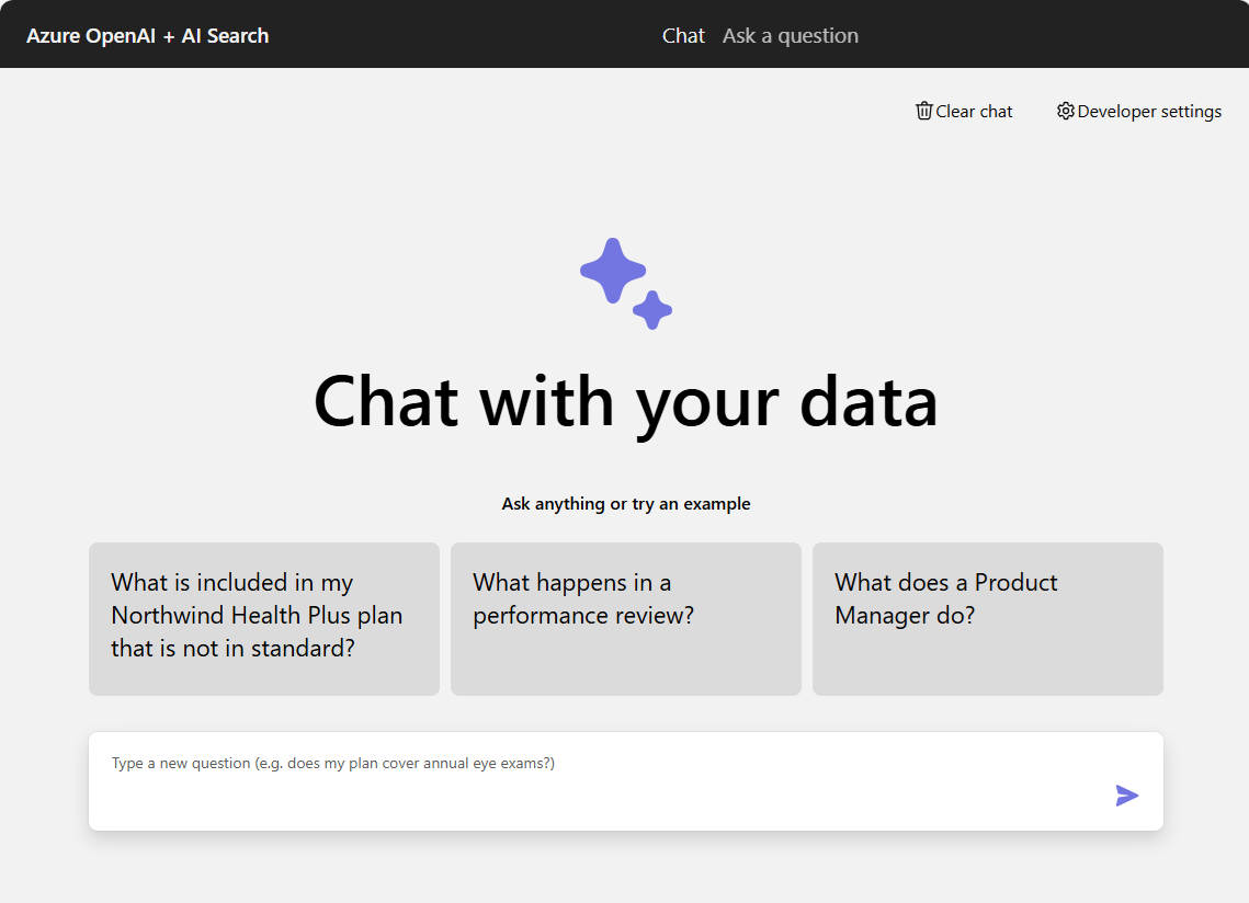 Screenshot der Chat-App mit mehreren Vorschlägen für die Chateingabe und dem Chattextfeld, um eine Frage einzugeben.