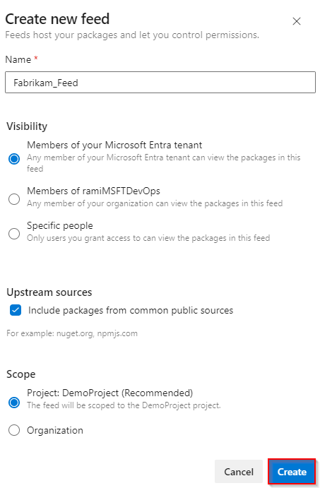 Screenshot, der die Auswahlmöglichkeiten zum Erstellen eines neuen Feeds in Azure DevOps Services zeigt.