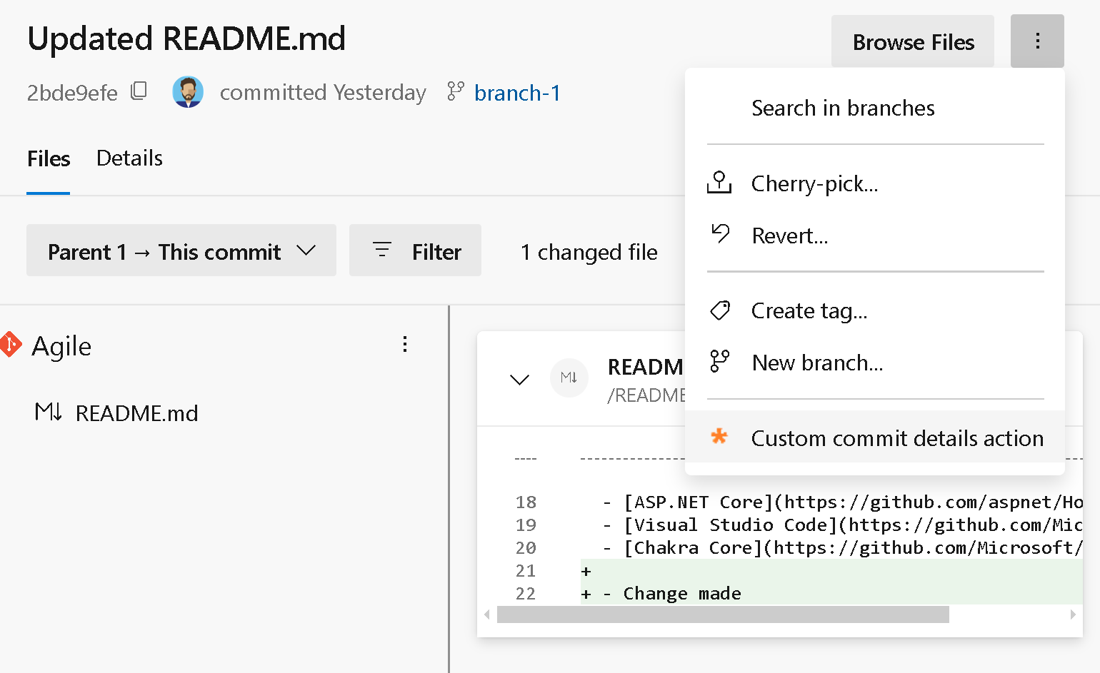 Screenshot des Git Commit-Detailmenüs.