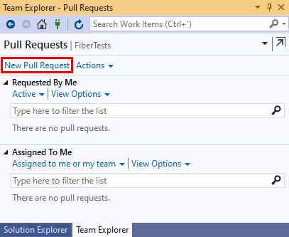 Screenshot: Link „Neuer Pull Request“ in der Ansicht „Pull Requests“ von Team Explorer in Visual Studio&nbsp;2019.