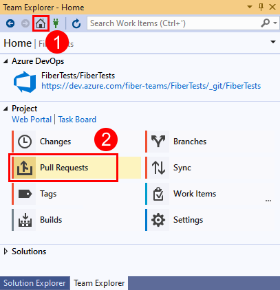 Screenshot der Option „Pull Requests“ im Team-Explorer in Visual Studio 2019.