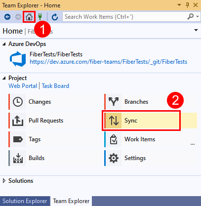 Screenshot: Option „Synchronisieren“ in Team Explorer in Visual Studio&nbsp;2019.
