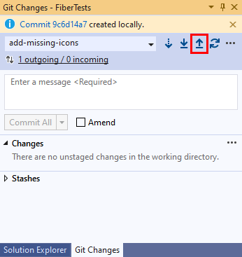 Screenshot der „Pfeil nach oben“-Schaltfläche im Git-Änderungen-Fenster von Visual Studio.
