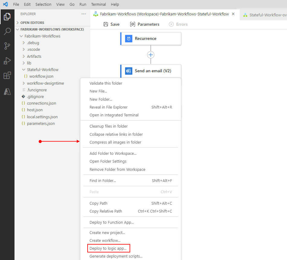 Screenshot des Explorer-Bereichs mit dem Kontextmenü des leeren Bereich unter dem Projekt und der ausgewählten Option „In Logik-App bereitstellen“
