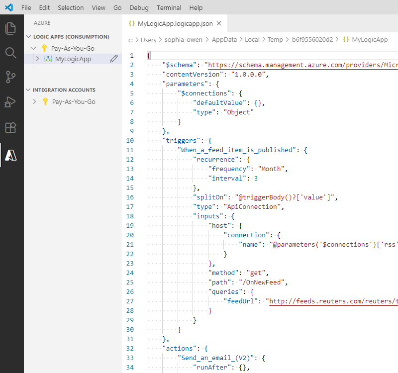 Screenshot, der Visual Studio Code und die geöffnete Workflowdefinitionsdatei der Logik-App zeigt.