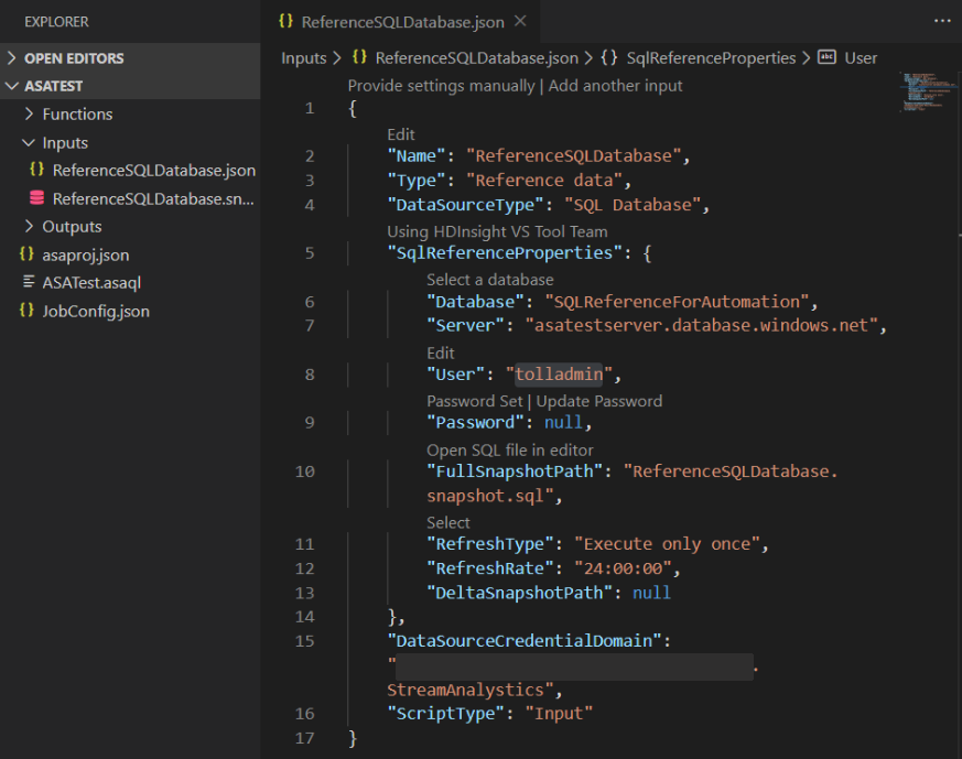 Ein Visual&nbsp;Studio Code-Editor (Registerkarte) enthält die Datei „ReferenceSQLDatabase.json“.
