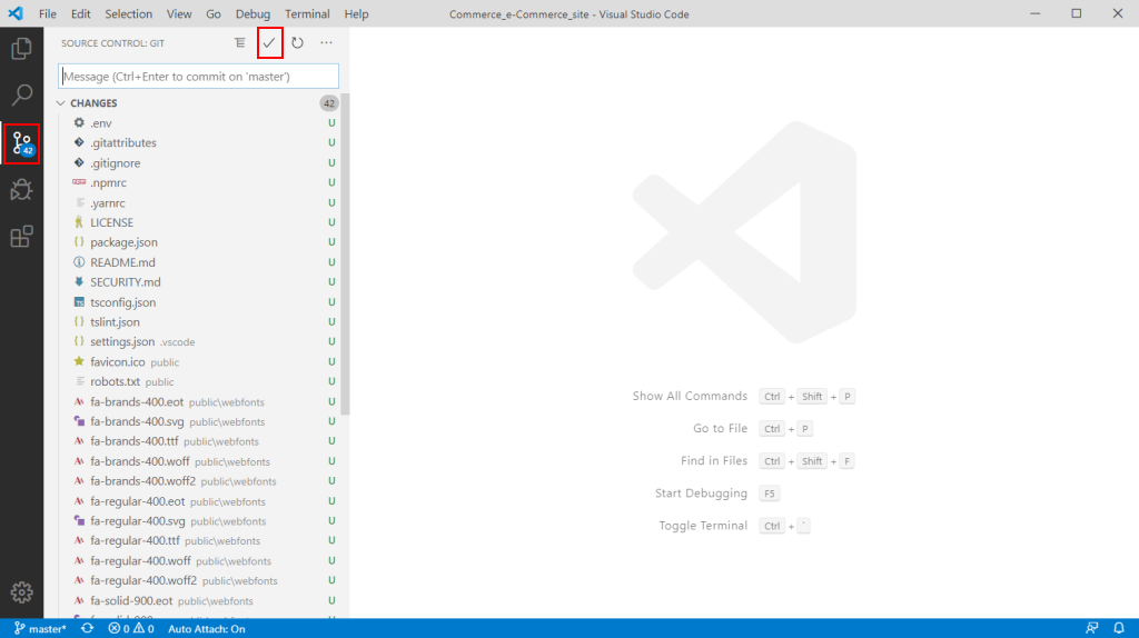 Screenshot of Source Control button and check mark symbol highlighted on the Source Control Git pane in Visual Studio Code.