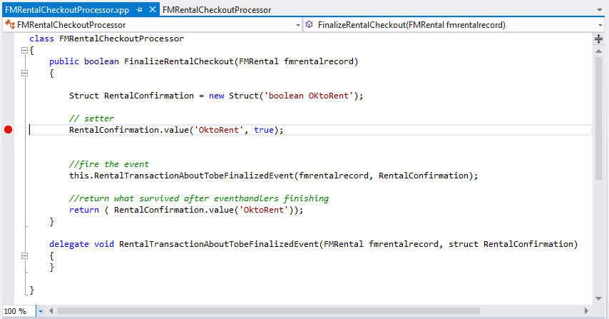 Screenshot of a breakpoint displayed as a red-filled circle in the margin of the FMRentalCheckoutProcessor class.