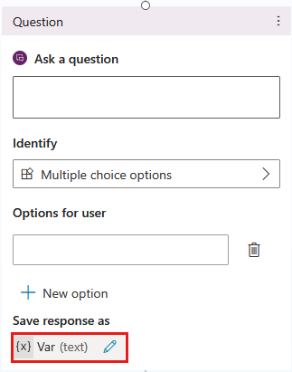 Screenshot eines Frageknotens, wobei die automatisch erstellte Variable hervorgehoben ist.