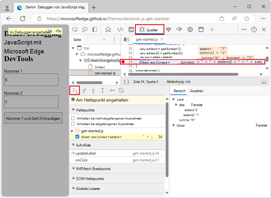 DevTools hält am Zeilenhaltepunkt in Zeile 34 an.