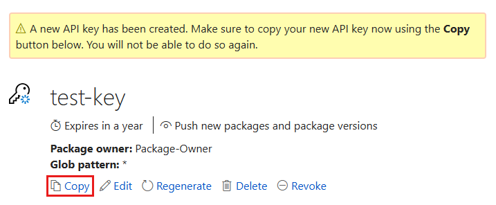 Screenshot einer nuget.org Seite mit dem neuen API-Schlüssel, einer Meldung zum Kopieren des Schlüssels jetzt und der Schaltfläche 