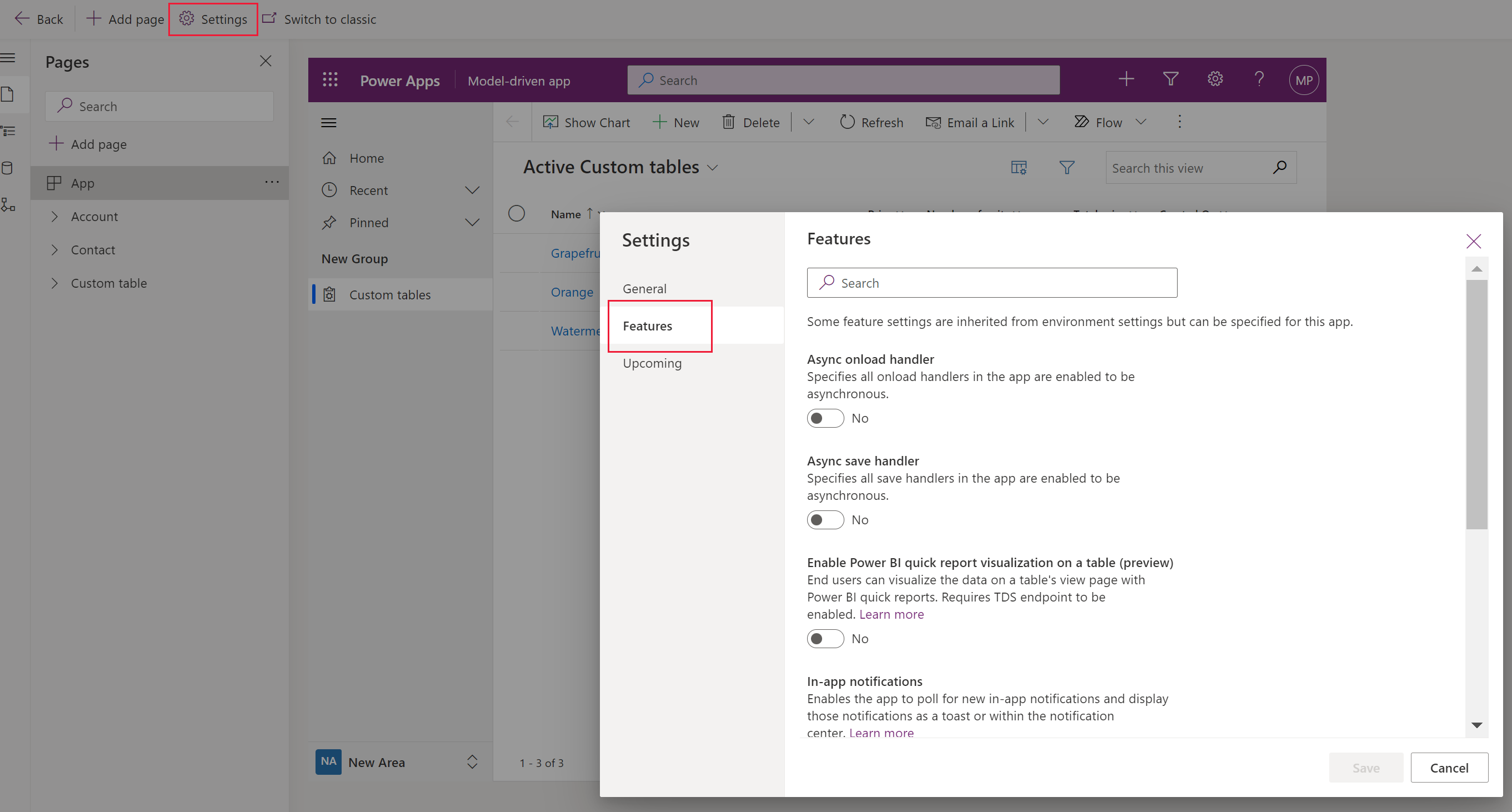 Für diese modellgesteuerte Apps verfügbare Funktionen
