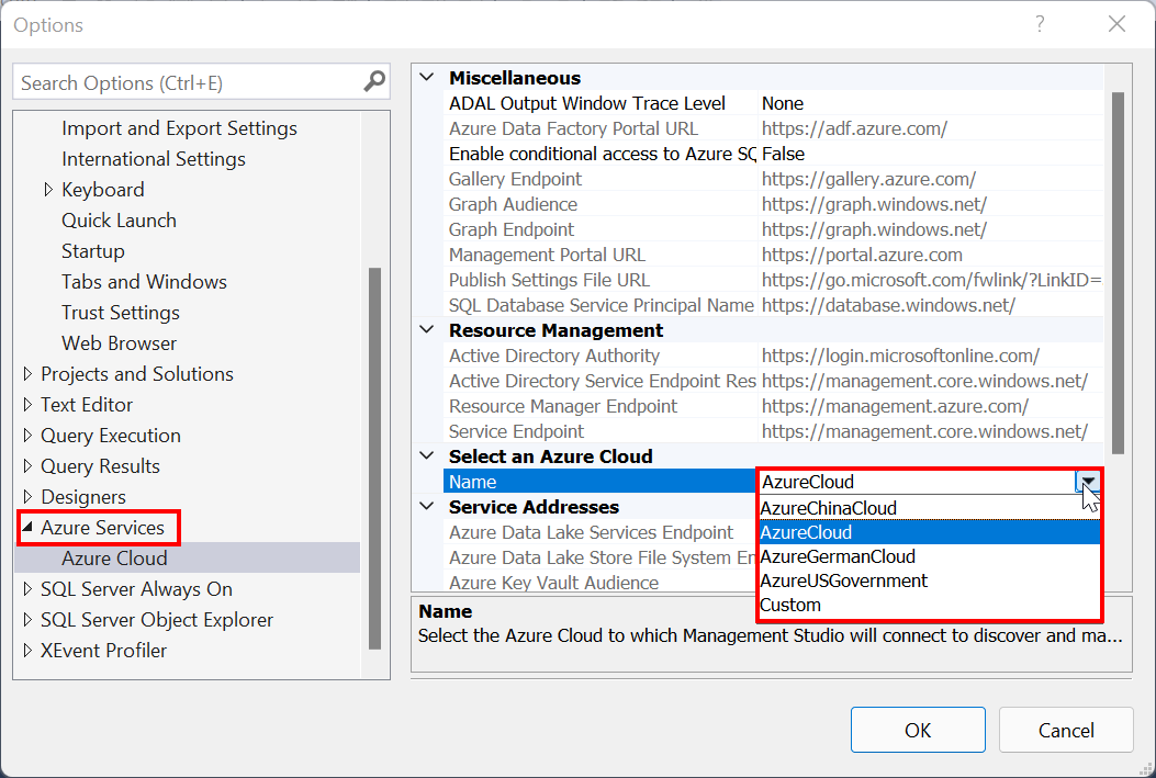 Screenshot zum Auswählen des Typs Azure Cloud in SSMS