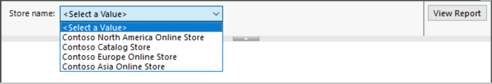 Screenshot der Berichtsvorschau mit dem aktualisierten Store-Namensfeld, das eine Dropdownliste mit Werten für den Leser bereitstellt.