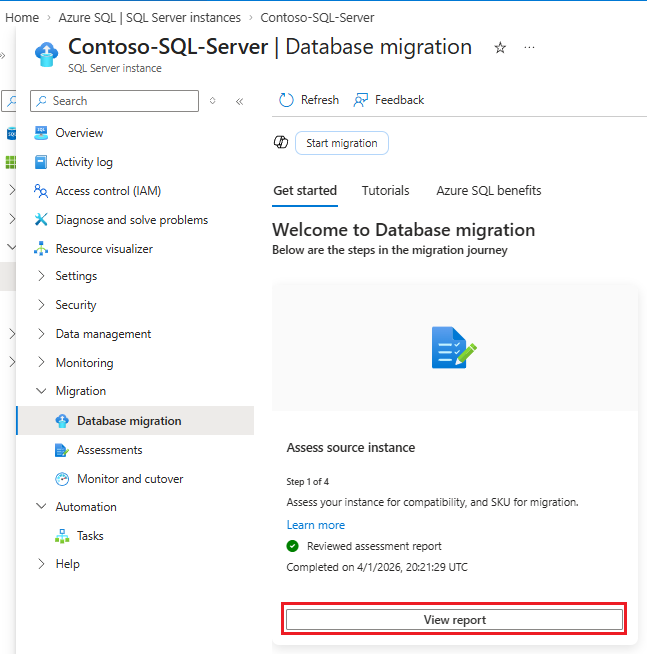 Screenshot, der den Datenbankmigrationsbereich für die SQL Server-Instanz im Azure-Portal mit hervorgehobener Option 
