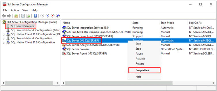 Screenshot, der SQL Server Configuration Manager anzeigt, mit Auswahlmöglichkeiten zum Öffnen von Eigenschaften für den Dienst.