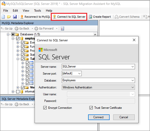 Screenshot von „Verbindung zu SQL Server herstellen“